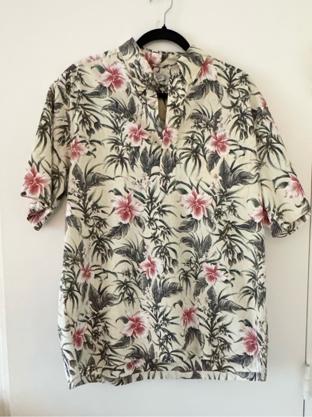 reyn spooner Cream Floral Hawaiian Polo with Pink Blooms